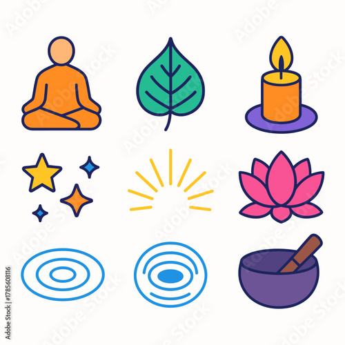Serene Meditation Icons. Mindful Reflection modern flat icon set: serene figure, Bodhi leaf, candlelight, lotus flower, stars, soft rays, water ripple, meditation bowl.