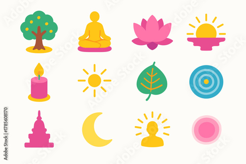 Bodhi Day Icons. Bodhi Day Spiritual Awakening modern flat icon set: Bodhi tree, meditating figure, lotus flower, sunrise, candle flame, radiant light, Bodhi leaf, water ripple,