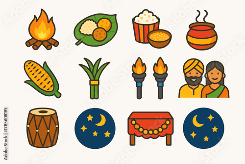 Lohri Festival Icons. Lohri Traditional Banquet modern flat icon set: central bonfire, food served on leaves, popcorn and sesame, peanuts platter, steaming pot, roasted corn,