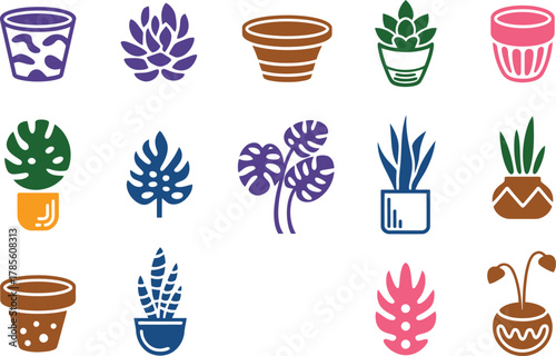 Colorful potted plant collection for modern interior design and botanical illustrations