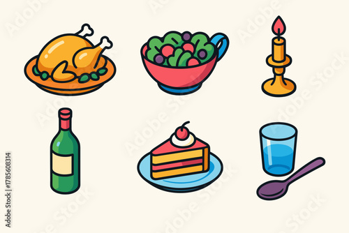 Festive Dinner Icons. Festive Dinner modern flat icon set: roast platter, salad bowl, gravy boat, candle holder, wine bottle, dessert plate, serving spoon, glass tumbler.