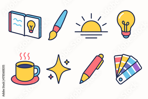 Creative New Year Icons. New Year Creative Drive modern flat icon set: open sketchbook, paintbrush, sunrise, lightbulb, coffee cup, sparkle, pen, color palette.