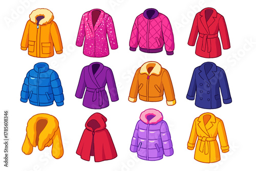 Winter Fashion Icons. Winter Warm Outerwear Glam modern flat icon set: fur-trimmed parka, sequin coat, quilted bomber, belted wool overcoat, glossy puffer, velvet wrap coat,