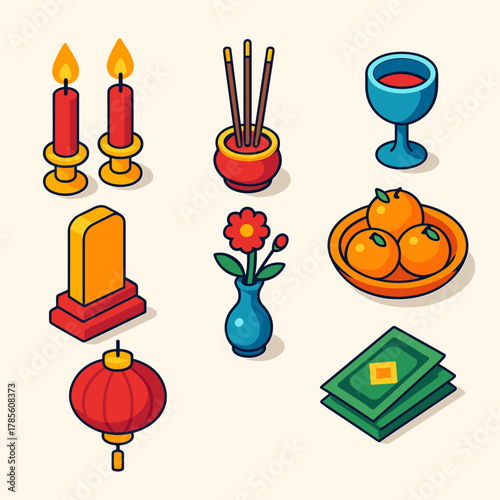 Lunar Ritual Icons. Lunar New Year Ancestor Ritual modern flat icon set: glowing candles, joss sticks, wine cup, orange plate, memorial tablet, flower vase, red lantern, folded