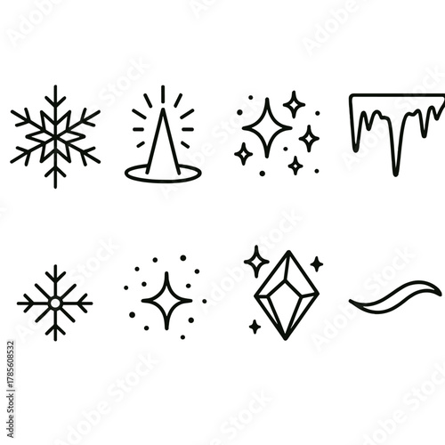 Radiant Snowflake Icons. Frozen Sparkle outline icon set: radiant snowflake, light beam, shimmering dust, frosted edge, tiny ice crystal, glowing speck, prism glint, soft wave.