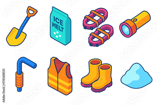 Winter Safety Equipment Icons. Safe Equipment modern flat icon set: ergonomic shovel, ice melt bag, traction cleats, flashlight, handle grip, safety vest, boots, snow mound.