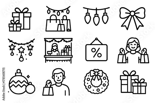 Festive Shopping Icons. Festive Retail Scene outline icon set: gift boxes, shopping bags, store lights, ribbon bows, cashier counter, garland, sale sign, ornaments, customers