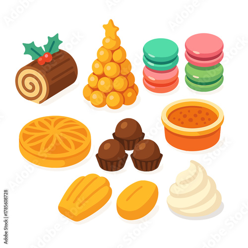 French Holiday Desserts. French Holiday Desserts modern flat icon set: bûche de Noël, croquembouche tower, macarons, crème brûlée dish, galette des rois, chocolate truffles,