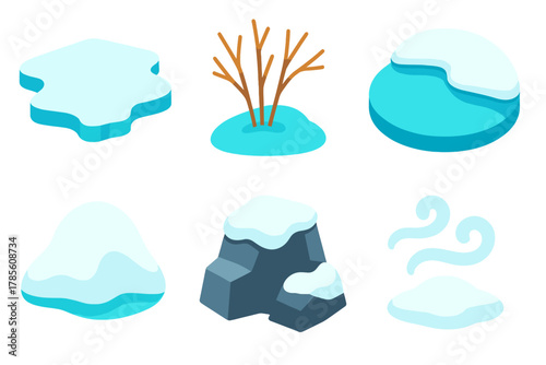 Winter Riverbank Icons. Winter Riverbank modern flat icon set: ice sheet, bare branches, reflection on ice, snow drift, rock edge, cold mist.