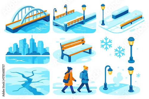 Isometric Winter Bridges Icon. City Winter Bridges modern flat icon set: modern bridge over ice, frozen canal, streetlights glowing, snow on pavement, icy railings, skyline