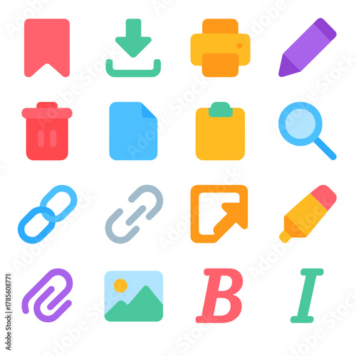 Content interaction icons in modern flat vector style in minimalistic vibrant color design: bookmark icon, download arrow, print button, edit pencil,
