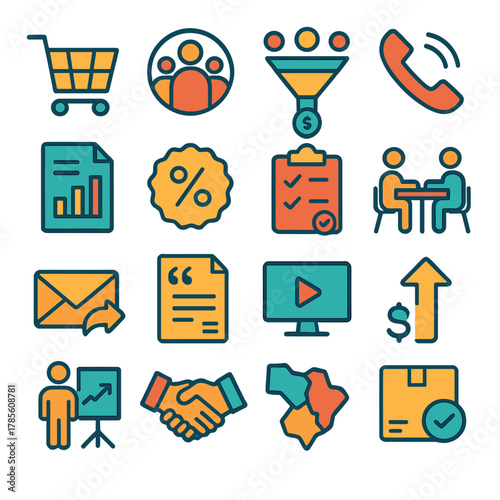 Sales system icons in modern flat vector style in minimalistic vibrant color design: shopping cart, CRM icon, lead funnel, cold call phone, sales