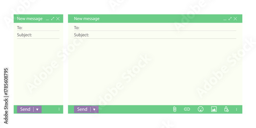 Email message ui template. Flat computer screen layout with empty mail window and subject field. Web mockup design for online office or messenger app. Vector frame isolated on white background