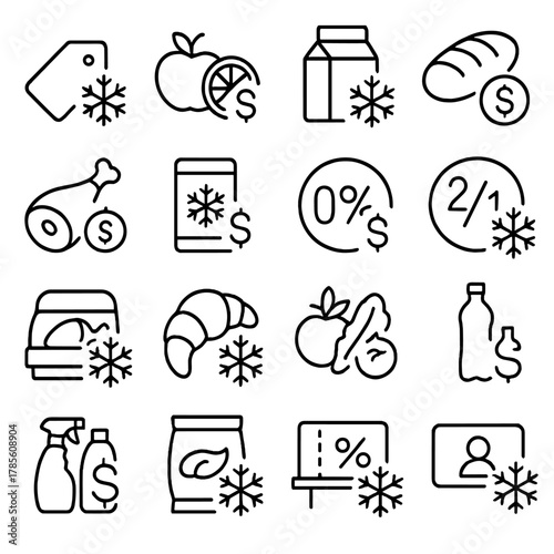 Supermarket discount icons icons in minimalistic line art style: grocery tag, fruits discount, dairy deal, bread offer, meat markdown, frozen food