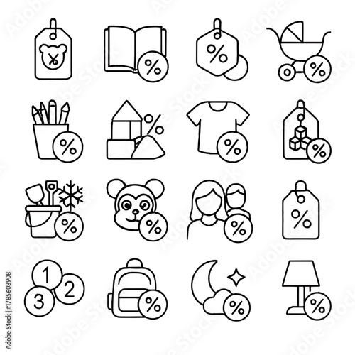 Kids and toys discount icons icons in minimalistic line art style: toy label, children’s book discount, game sale tag, baby gear markdown, school