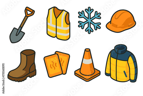 Outdoor Safety Icons. Outdoor Workers modern flat icon set: shovel, reflective vest, snowflake, hard hat, safety boots, hand warmers, cone, insulated jacket.