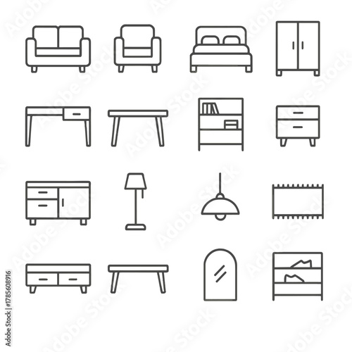 Home furniture elements icons in minimalistic line art style: sofa, armchair, bed, wardrobe, desk, dining table, bookshelf, nightstand, kitchen island