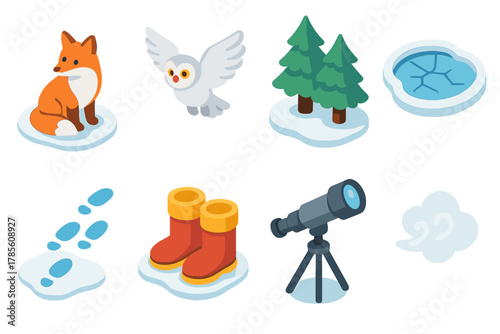 Snowy Wildlife Icons. Wildlife in Snow modern flat icon set: fox in snow, owl in flight, frozen pond, pine trees, trail footprints, winter boots, telescope, cold air mist.