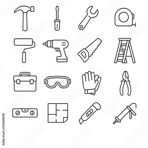 Home renovation tools icons in minimalistic line art style: hammer, screwdriver, wrench, tape measure, paint roller, drill, saw, ladder, toolbox,