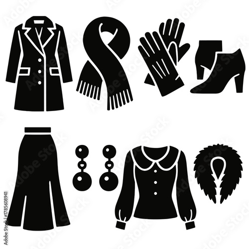 Winter Fashion Icons. Elegant Winter Fashion bold vector icon set: tailored coat, cashmere shawl, suede gloves, ankle heels, long skirt, pearl earrings, satin blouse, fur collar.