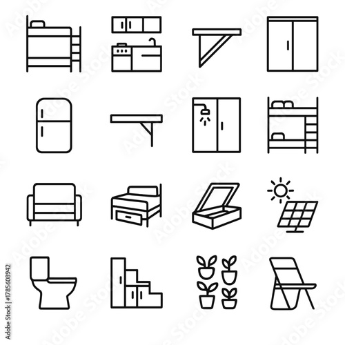 Tiny home icons icons in minimalistic line art style: loft bed, compact kitchen, folding table, sliding door, mini fridge, wall-mounted desk, tiny