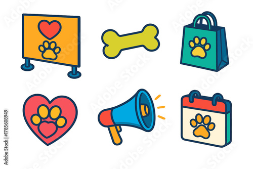 Pet Charity Icons. Pet Charity Events modern flat icon set: stage banner, dog bone, gift bag, heart paw, megaphone, calendar.