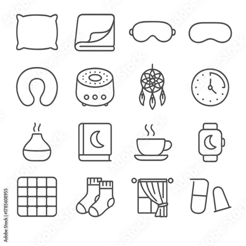 Sleep-related objects icons in minimalistic line art style: soft pillow, fleece blanket, sleep mask, eye pillow, neck pillow, white noise machine,