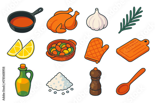 Rustic Roast Icons. Rustic Oven Roast modern flat icon set: cast iron pan, roast chicken, garlic bulb, rosemary, lemon wedges, baked vegetables, oven mitt, cutting board, olive oil