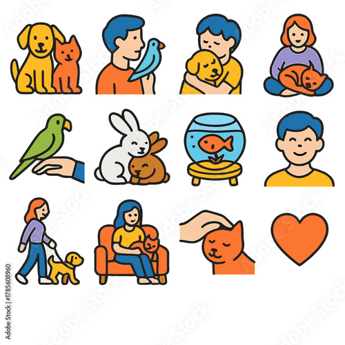 Iconic Pet Companions. Pet Friendship modern flat icon set: dog and cat together, bird on shoulder, child hugging puppy, cat curled beside owner, parrot perched on hand, rabbit