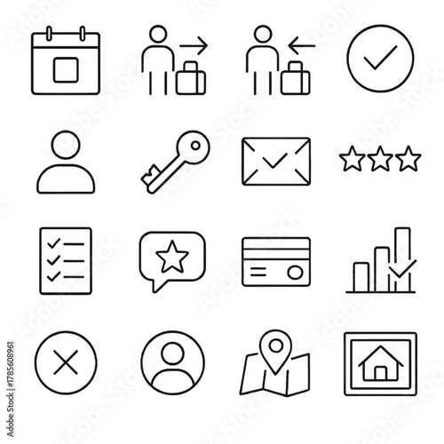 Online booking and housing icons icons in minimalistic line art style: calendar date, check-in icon, check-out icon, reservation badge, guest icon,