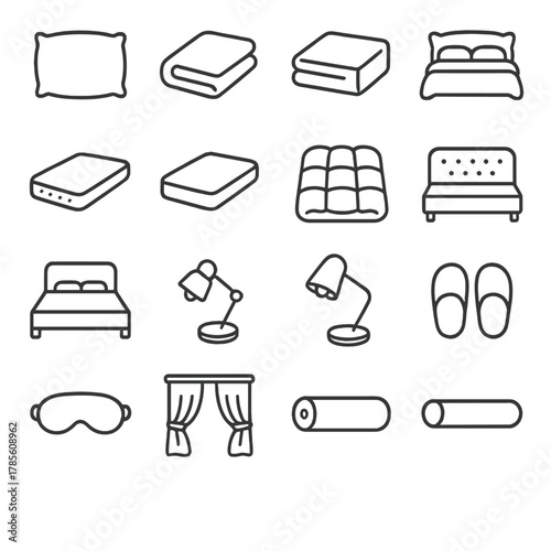 Bedroom comfort essentials icons in minimalistic line art style: pillow, blanket, bedsheet, duvet, mattress, mattress topper, comforter, headboard,