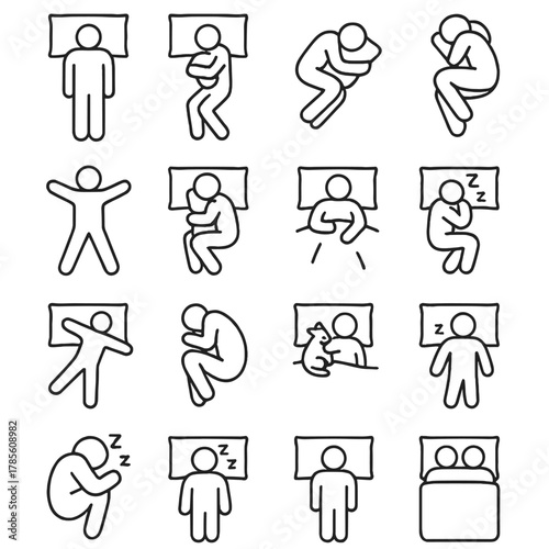 Sleeping positions and styles icons in minimalistic line art style: back sleeper, side sleeper, stomach sleeper, fetal position, starfish position,