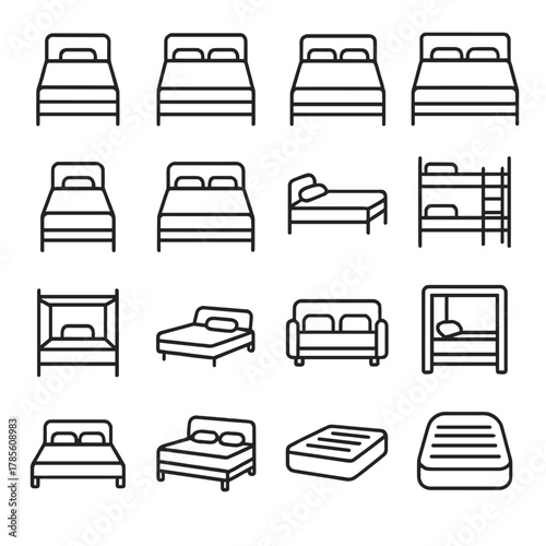 Bed types and sizes icons in minimalistic line art style: twin bed, full bed, queen bed, king bed, California king, single bed, double bed, daybed,