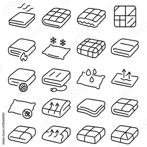 Seasonal bedding items icons in minimalistic line art style: summer sheet, winter duvet, spring coverlet, fall quilt, thermal blanket, cooling pillow,