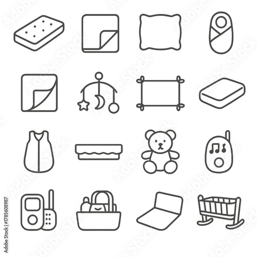 Nursery and baby bedding icons in minimalistic line art style: crib mattress, baby blanket, baby pillow, swaddle, muslin cloth, mobile toy, crib