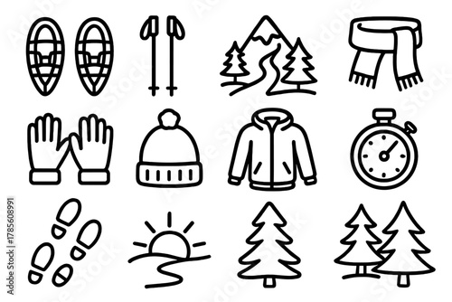 Winter Trek Icons. Winter Exercise outline icon set: snowshoes, trekking poles, mountain, pine trees, snow trail, scarf, gloves, hat, jacket, stopwatch, footprints, sunrise.