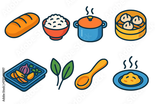 Global Comfort Foods Icons. Global Comfort Foods modern flat icon set: bread loaf, rice bowl, soup pot, dumplings, roasted vegetables, herbs, wooden spoon, steaming plate.