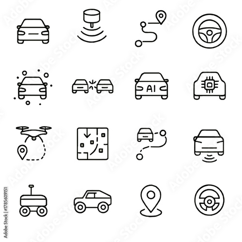 Autonomous systems icons in minimalistic line art style: self-driving car, lidar scanner, navigation path, route prediction, autopilot icon, sensor