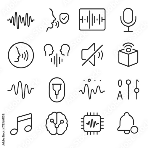 Speech and audio AI icons in minimalistic line art style: speech waveform, voice recognition, audio spectrogram, smart microphone, voice command,