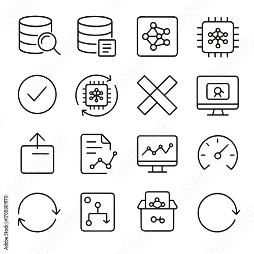 AI model lifecycle icons in minimalistic line art style: data collection, data labeling, model design, training process, validation icon, model tuning