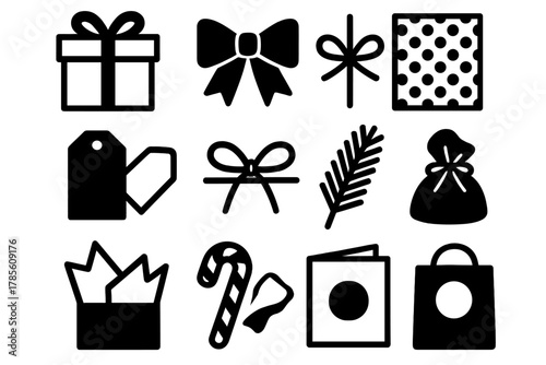 Brutalist Holiday Icons. Holiday Packaging Set bold vector icon set: wrapped gift box, ribbon bow, gift tag, patterned paper, string tie, pine sprig, wax seal, tissue paper, candy