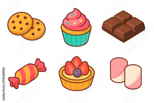 Sweet Treat Icons. Sweet Treat Platter modern flat icon set: cookies, cupcakes, chocolate pieces, fruit tart, candy, marshmallows.