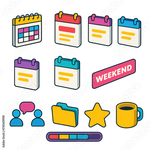 Workweek Isometric Icons. Workweek Overview modern flat icon set: weekly planner, Monday tab, Tuesday tab, Wednesday tab, Thursday tab, Friday tab, weekend stripe, meeting icon,
