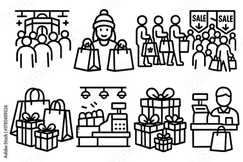 Mall Shopping Icons. Holiday Shopping Rush outline icon set: crowded mall, shopping bags, checkout line, sale signs, busy aisles, store lights, wrapped gifts, cash register.