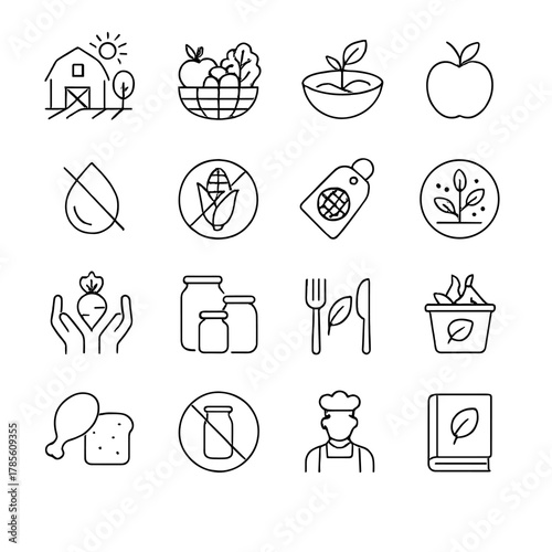 Ethical food choices icons in minimalistic line art style: local farm icon, seasonal basket, plant-based dish, organic apple, low water use symbol, no