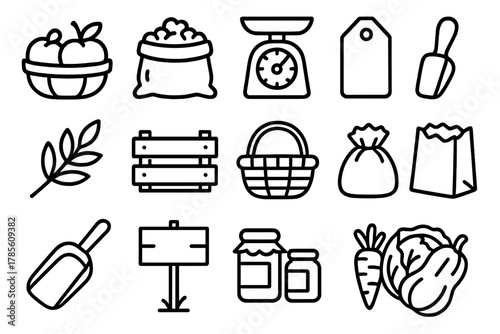 Winter Market Icons. Seasonal Market Stand outline icon set: fruit basket, nut sack, weighing scale, price tag, crate, leaf sprig, wicker basket, paper bag, scoop, wooden sign,
