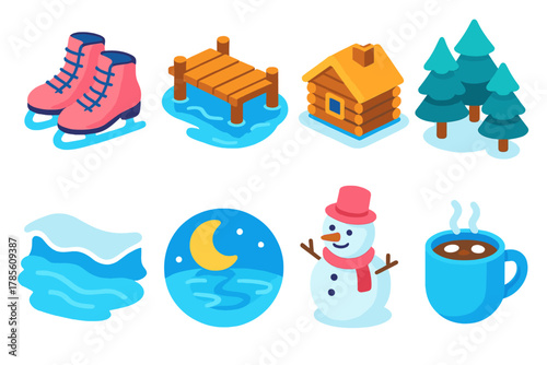 Winter Icon Collection. Frozen Lakefront modern flat icon set: ice skates, wooden pier, cabin, pine trees, frozen waves, moon reflection, snowman, mug of cocoa.