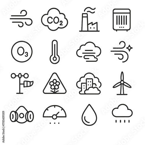 Air quality and climate icons in minimalistic line art style: wind gust, CO2 cloud, factory chimney, air purifier, ozone layer, thermometer, smog