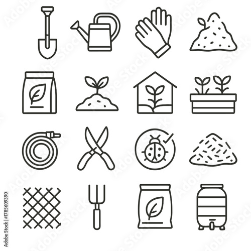 Sustainable gardening icons in minimalistic line art style: shovel, watering can, garden gloves, compost pile, seed packet, sprouting plant,