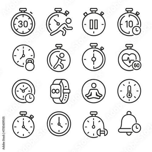 Workout and fitness timers icons in minimalistic line art style: HIIT countdown, exercise stopwatch, rest time icon, rep timer, gym clock, stretching